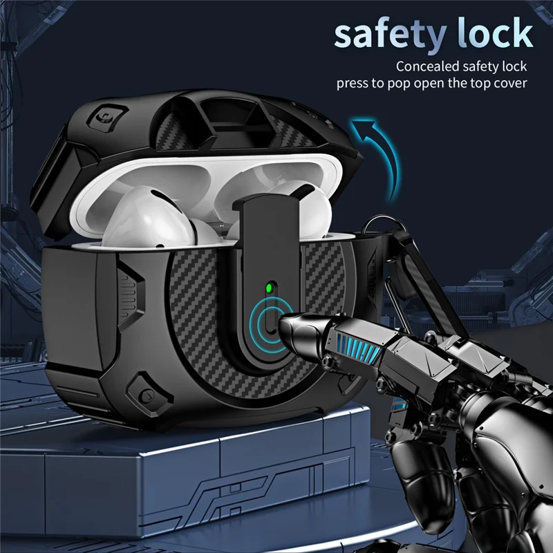 For Apple AirPods Pro Earphone Case PC+TPU Lock Design Headphone Cover with Hanging Hook - Black+Green