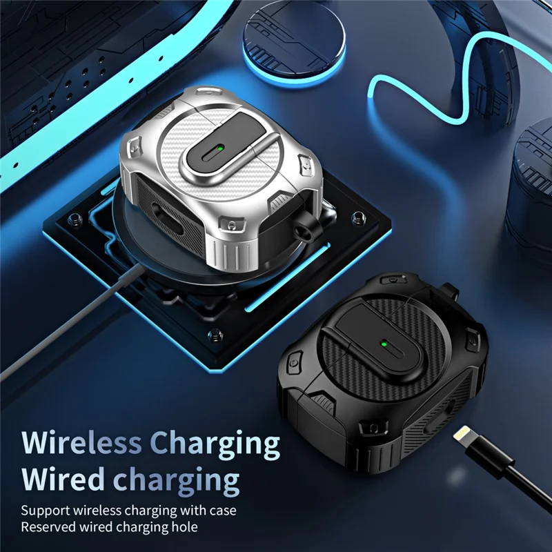 For Apple AirPods Pro Earphone Case PC+TPU Lock Design Headphone Cover with Hanging Hook - Black+Green