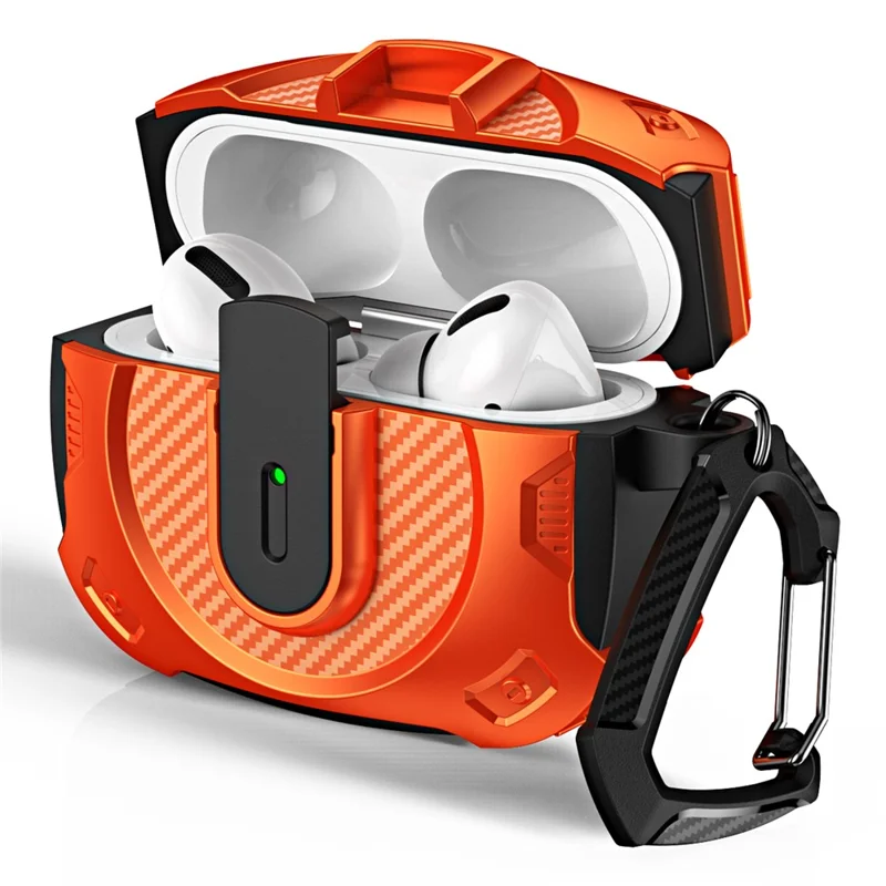 For AirPods Pro 2 Case PC+TPU Lock Design Earphone Protective Cover with Hanging Hook - Black+Orange