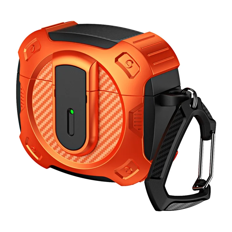 For Apple AirPods 3 Case PC+TPU Lock Button Bluetooth-compatible Earphone Cover with Hanging Hook - Black+Orange