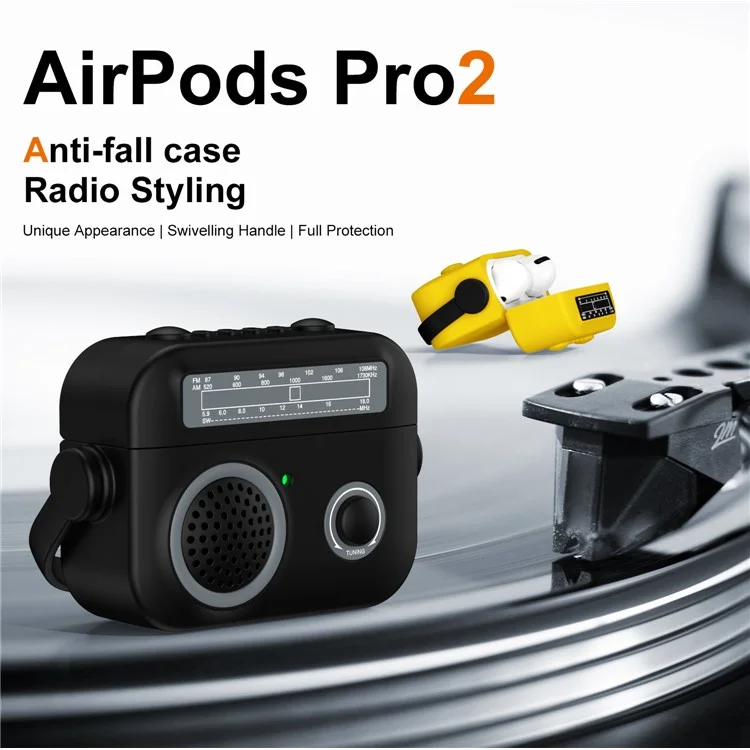 Для чехла AirPods Pro 2 Ударопрочный TPU + PC Чехол для наушников в стиле радио - черный