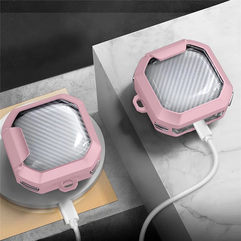 Para Samsung Galaxy Buds Live / Buds2 / Buds Pro / Buds Pro 2 / Buds FE Estojo de Fone de Ouvido Capa PC+TPU com Suporte - Rosa Transparente
