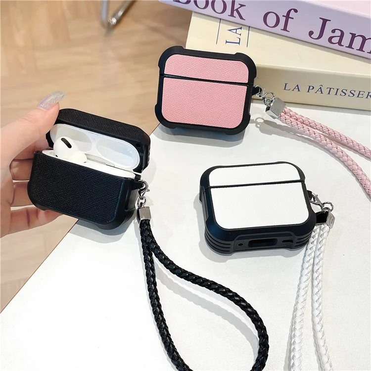 Per AirPods Pro 2 / AirPods Pro Custodia in pelle con texture Bluetooth Earphone Cover TPU Anti-Drop con cinturino da polso - Nero