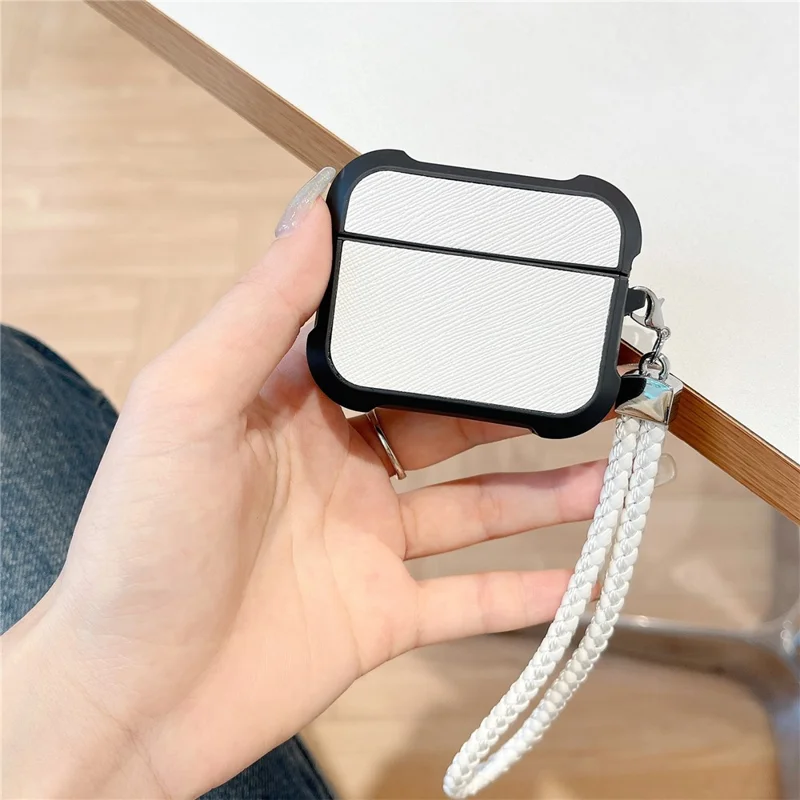 For Apple AirPods 3 Bluetooth-compatible Earphone Cover Leather Texture TPU Anti-Drop Case with Wrist Strap - White