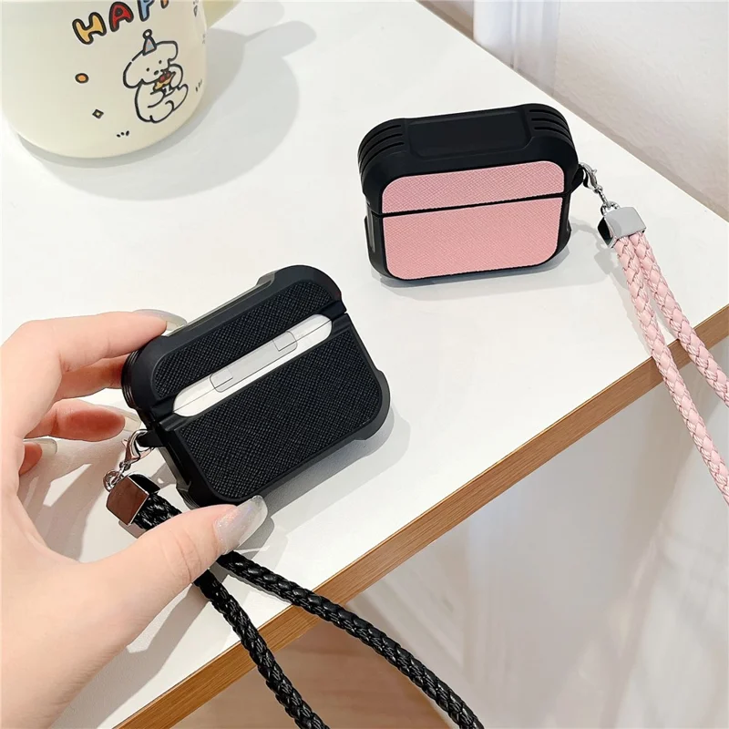 For Apple AirPods 3 Bluetooth-compatible Earphone Cover Leather Texture TPU Anti-Drop Case with Wrist Strap - White