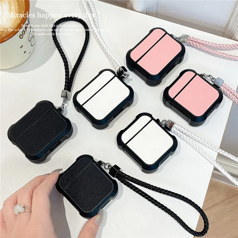 For Apple AirPods 3 Bluetooth-compatible Earphone Cover Leather Texture TPU Anti-Drop Case with Wrist Strap - White