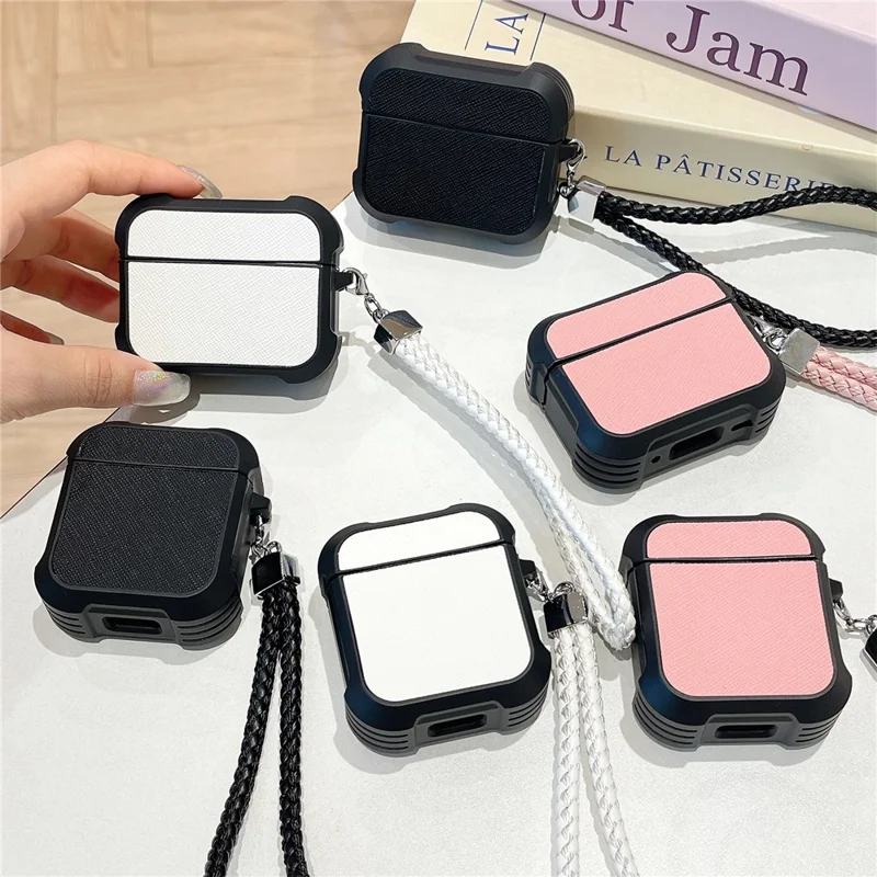 For Apple AirPods 3 Bluetooth-compatible Earphone Cover Leather Texture TPU Anti-Drop Case with Wrist Strap - White