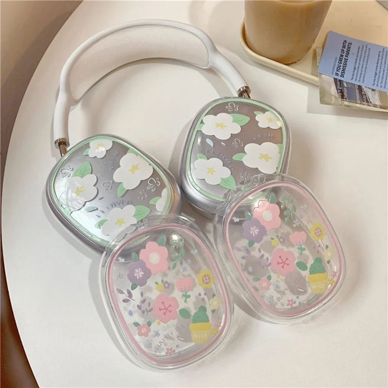 1 пара защитного чехла для наушников AirPods Max, устойчивый к падению, из ТПУ - розовый/фиолетовый цветок