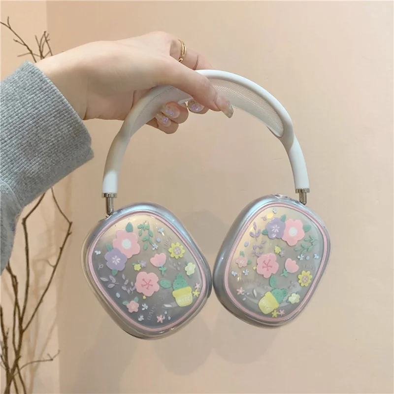 1 пара защитного чехла для наушников AirPods Max, устойчивый к падению, из ТПУ - розовый/фиолетовый цветок