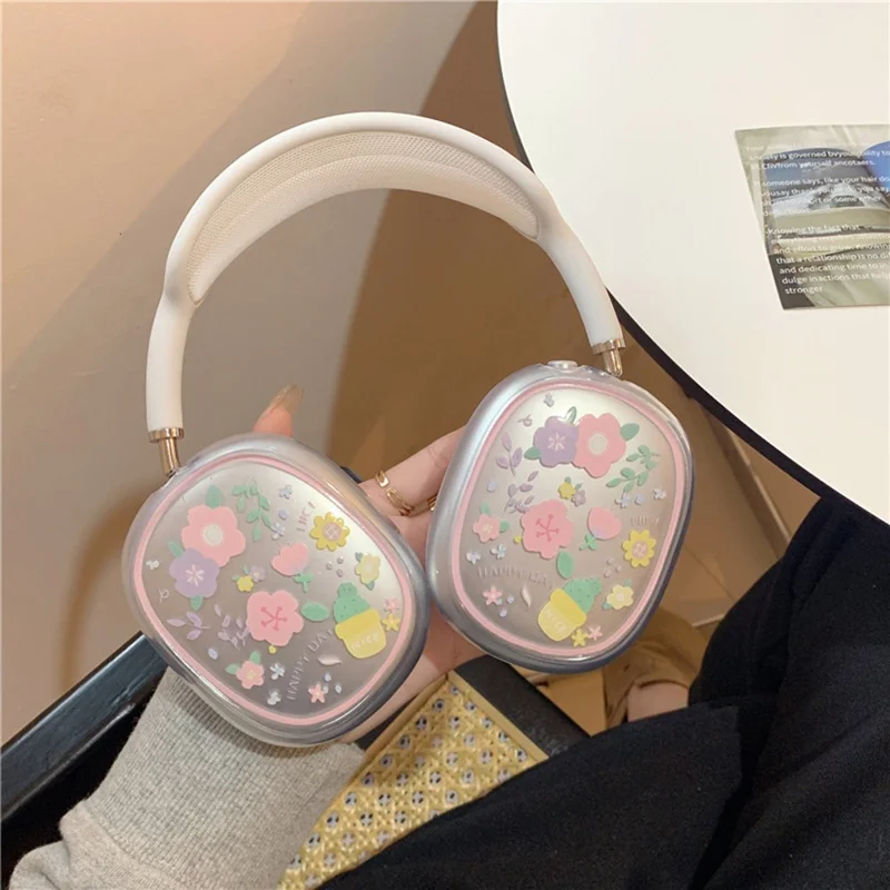 1 пара защитного чехла для наушников AirPods Max, устойчивый к падению, из ТПУ - розовый/фиолетовый цветок