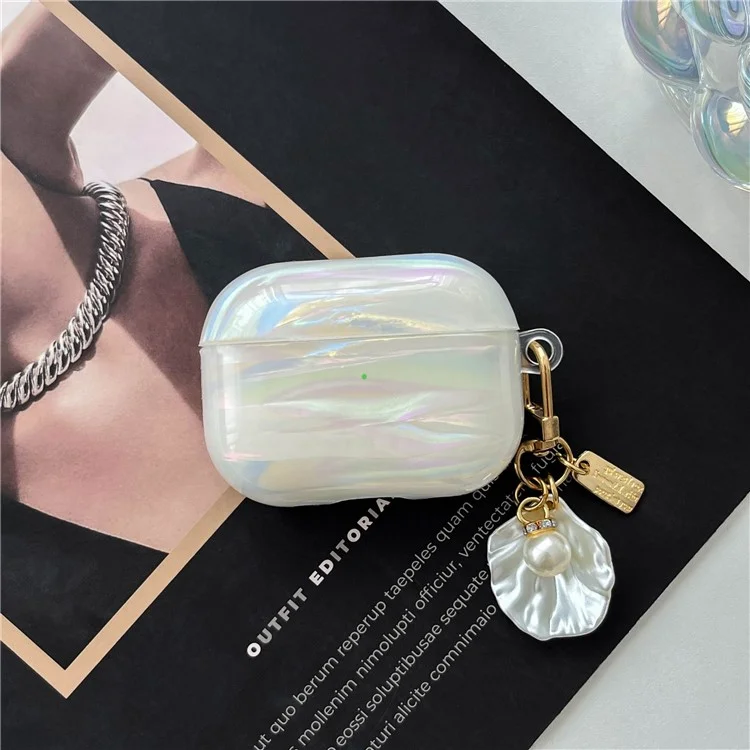 Per AirPods Pro 2 Case IMD Soft TPU Protective Cover with Pearl Shell Pendant