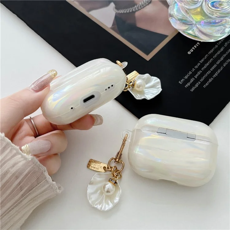 Per AirPods Pro 2 Case IMD Soft TPU Protective Cover with Pearl Shell Pendant