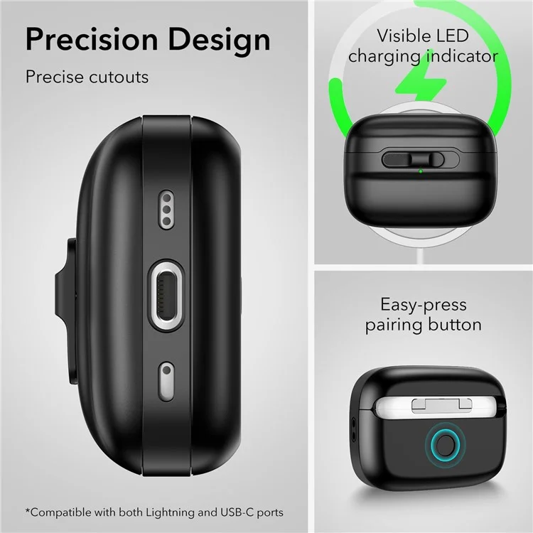 ESR Pulse Magnetic Lock Case for Apple AirPods Pro  /  Pro 2 Headset Cover with Strap - Black