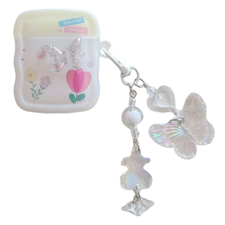 Pour Apple AirPods avec étui de chargement sans fil (2019) / AirPods avec étui de chargement (2019) / (2016) Étui TPU Butterfly et Flower avec pendentif