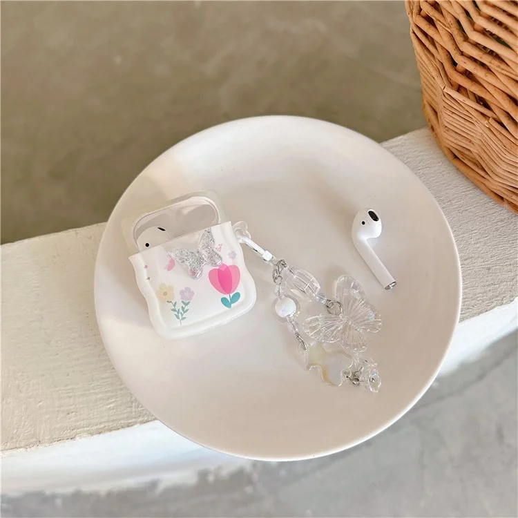 Pour Apple AirPods avec étui de chargement sans fil (2019) / AirPods avec étui de chargement (2019) / (2016) Étui TPU Butterfly et Flower avec pendentif