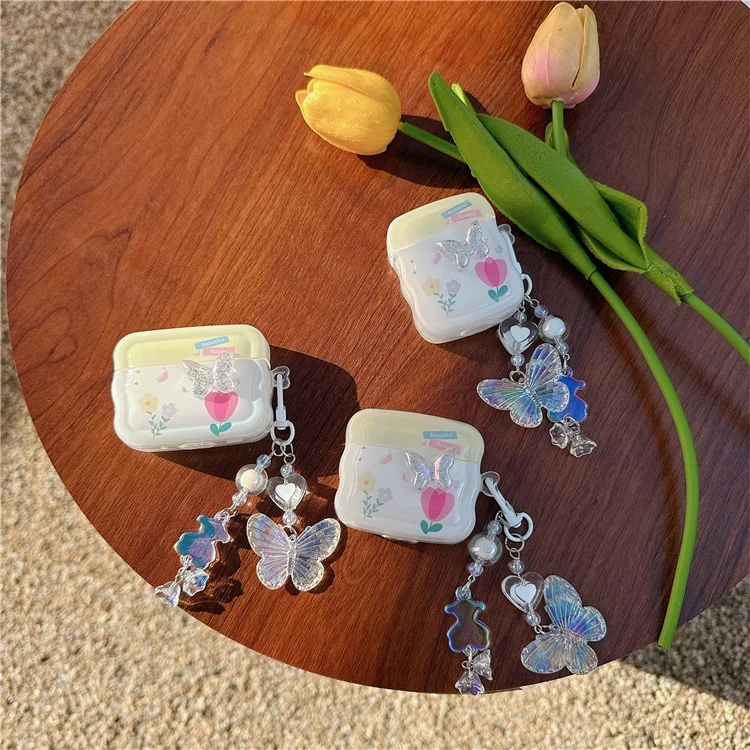 Pour Apple AirPods avec étui de chargement sans fil (2019) / AirPods avec étui de chargement (2019) / (2016) Étui TPU Butterfly et Flower avec pendentif