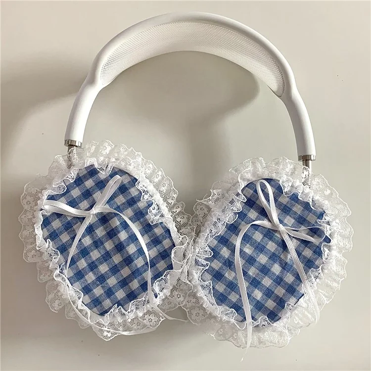 1 Par de funda protectora para AirPods Max, de tela y TPU, diseño de rejilla y encaje en los bordes - Azul