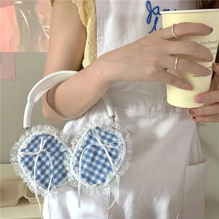 1 Par de funda protectora para AirPods Max, de tela y TPU, diseño de rejilla y encaje en los bordes - Azul