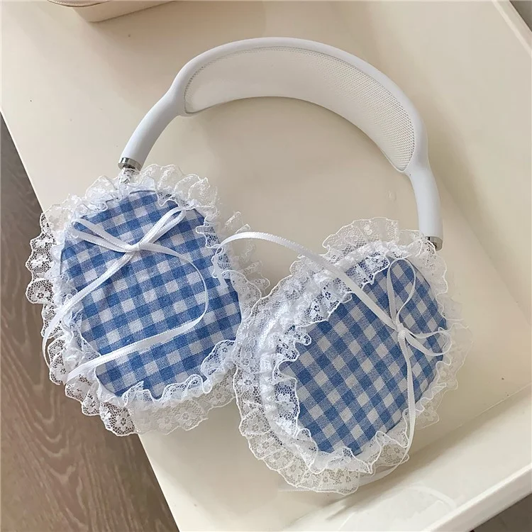 1 Par de funda protectora para AirPods Max, de tela y TPU, diseño de rejilla y encaje en los bordes - Azul