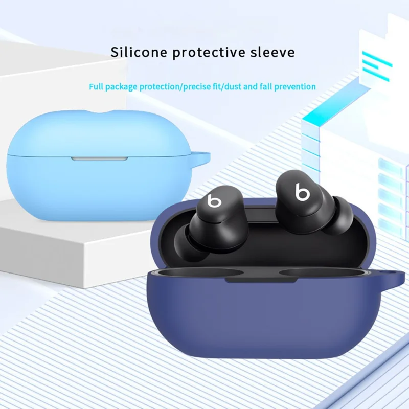 For Beats Solo Buds Silicone Case Anti-scratch Bluetooth-compatible Headphone Cover with Hanging Buckle - Dark Blue