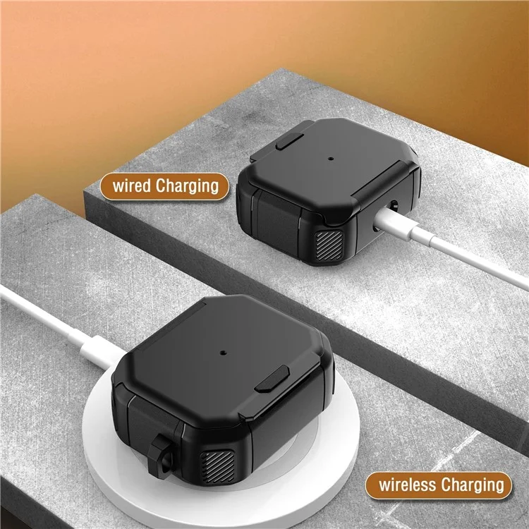 Für Apple AirPods Pro Case Flip Stand PC+TPU Anti-Drop Kopfhörer-Cover mit Karabiner - Schwarz