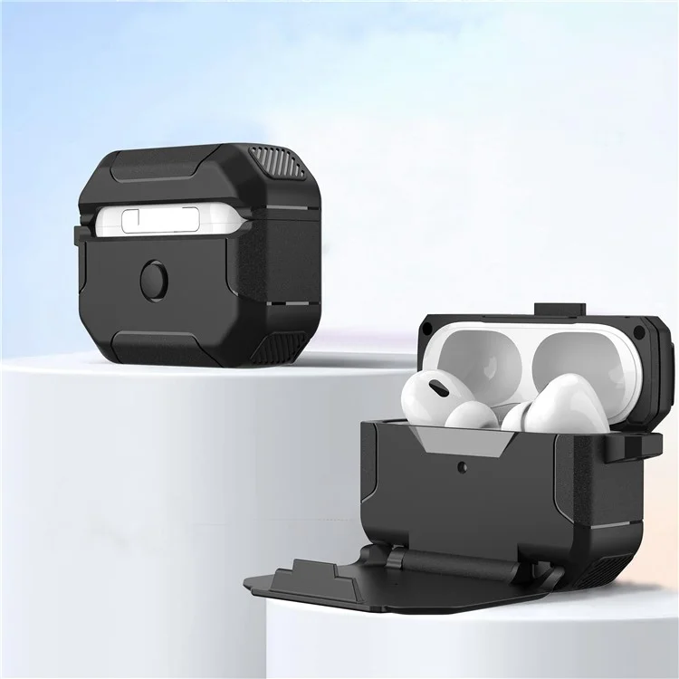 Für Apple AirPods Pro Case Flip Stand PC+TPU Anti-Drop Kopfhörer-Cover mit Karabiner - Schwarz