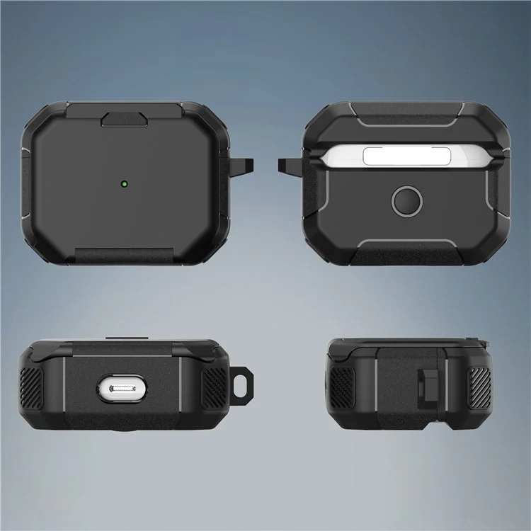 Für Apple AirPods Pro Case Flip Stand PC+TPU Anti-Drop Kopfhörer-Cover mit Karabiner - Schwarz