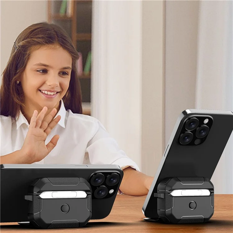 Für Apple AirPods Pro Case Flip Stand PC+TPU Anti-Drop Kopfhörer-Cover mit Karabiner - Schwarz