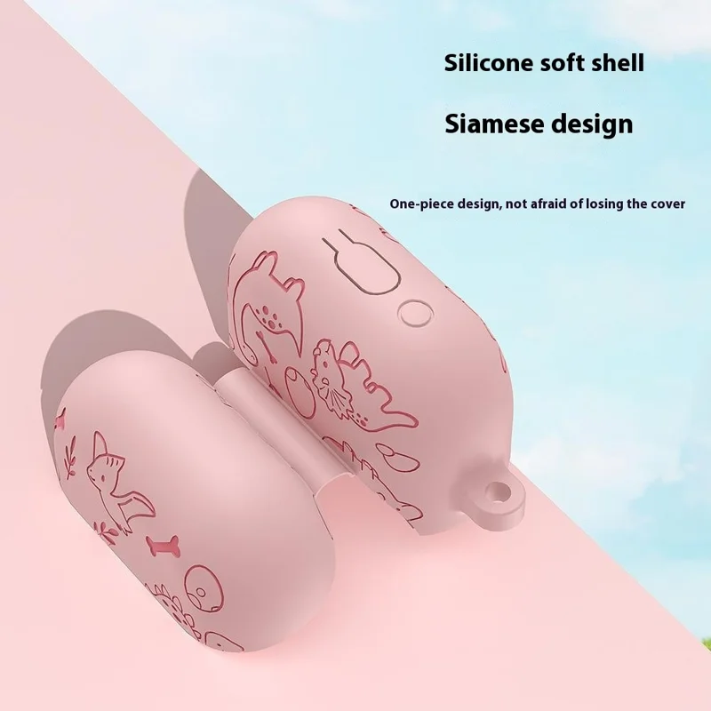 For Samsung Galaxy Buds3 Pro / Buds3 Bluetooth-compatible Earphones Cartoon Dinosaur Liquid Silicone Case with Hanging Buckle - Light Pink