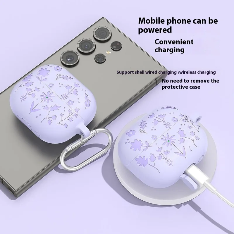 For Samsung Galaxy Buds3 Pro / Buds3 Bluetooth-compatible Earphones Flower Pattern Liquid Silicone Case with Hanging Buckle - Light Purple
