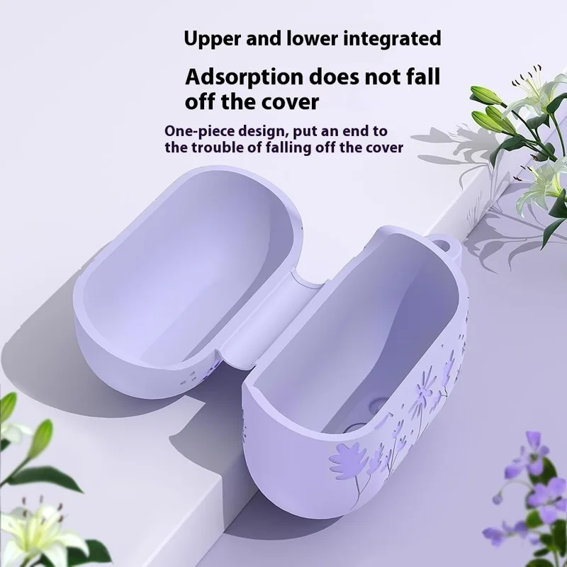 For Samsung Galaxy Buds3 Pro / Buds3 Bluetooth-compatible Earphones Flower Pattern Liquid Silicone Case with Hanging Buckle - Light Purple