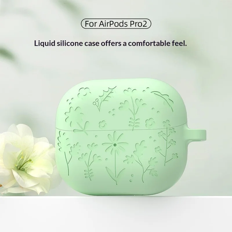For Samsung Galaxy Buds3 Pro / Buds3 Bluetooth-compatible Earphones Flower Pattern Liquid Silicone Case with Hanging Buckle - Dark Grey
