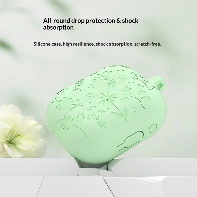 For Samsung Galaxy Buds3 Pro / Buds3 Bluetooth-compatible Earphones Flower Pattern Liquid Silicone Case with Hanging Buckle - Dark Grey