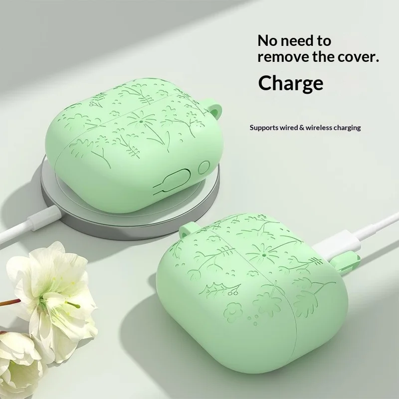 For Samsung Galaxy Buds3 Pro / Buds3 Bluetooth-compatible Earphones Flower Pattern Liquid Silicone Case with Hanging Buckle - Dark Grey