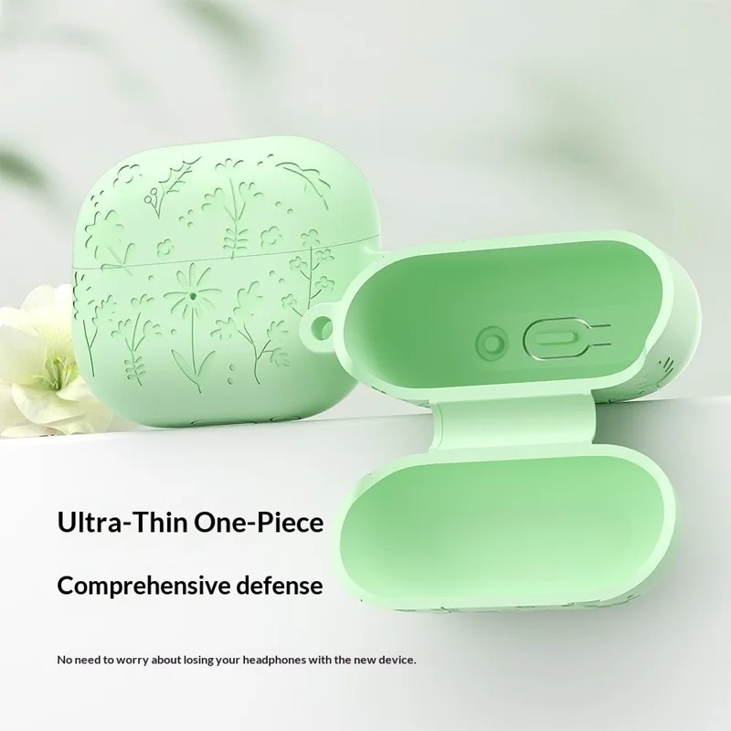 For Samsung Galaxy Buds3 Pro / Buds3 Bluetooth-compatible Earphones Flower Pattern Liquid Silicone Case with Hanging Buckle - Dark Grey