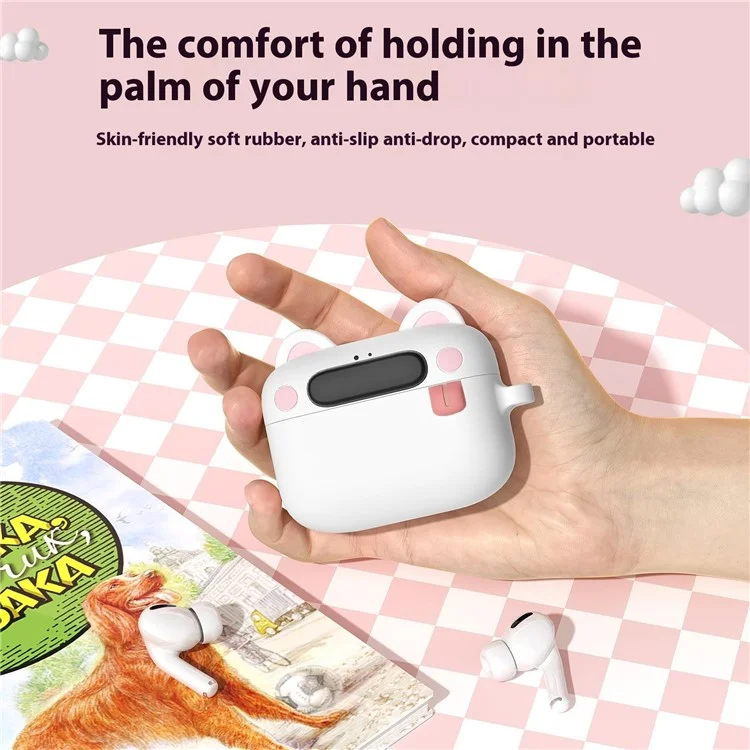 For Apple AirPods Pro 2 / AirPods Pro Bluetooth-compatible Earphones Cartoon Animal Liquid Silicone Case with Hanging Buckle - White