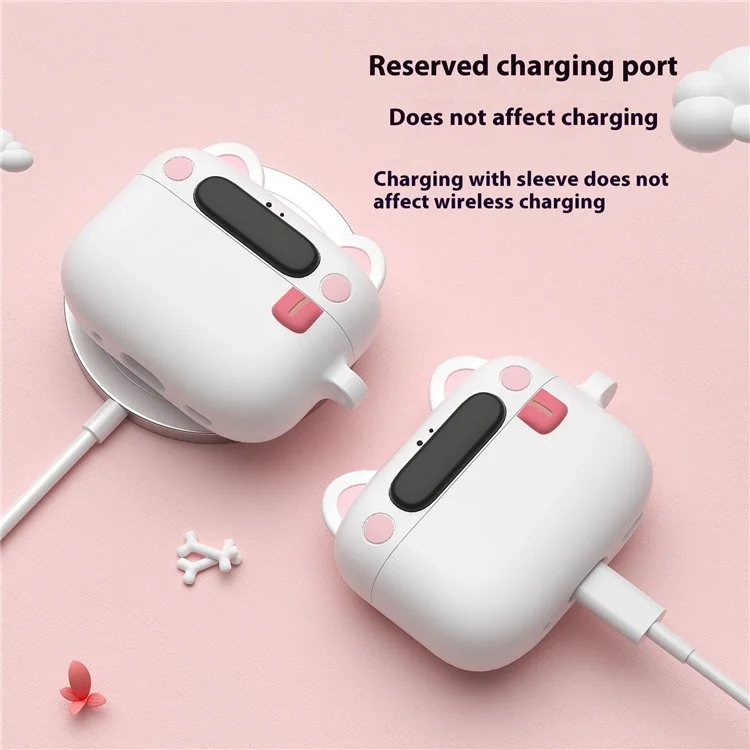 For Apple AirPods Pro 2 / AirPods Pro Bluetooth-compatible Earphones Cartoon Animal Liquid Silicone Case with Hanging Buckle - White