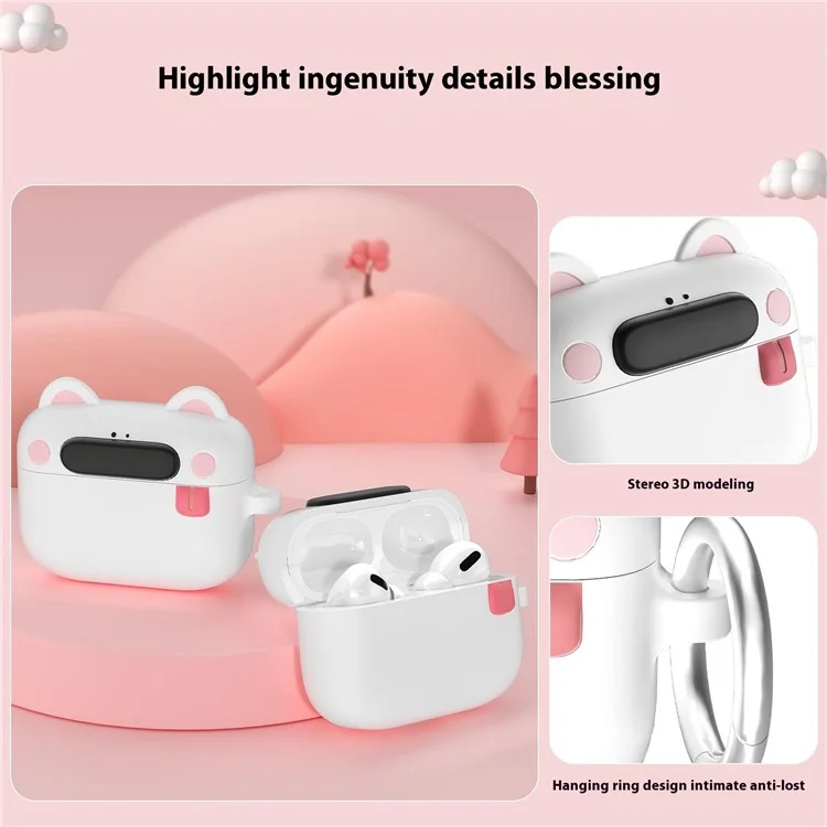 For Apple AirPods Pro 2 / AirPods Pro Bluetooth-compatible Earphones Cartoon Animal Liquid Silicone Case with Hanging Buckle - White