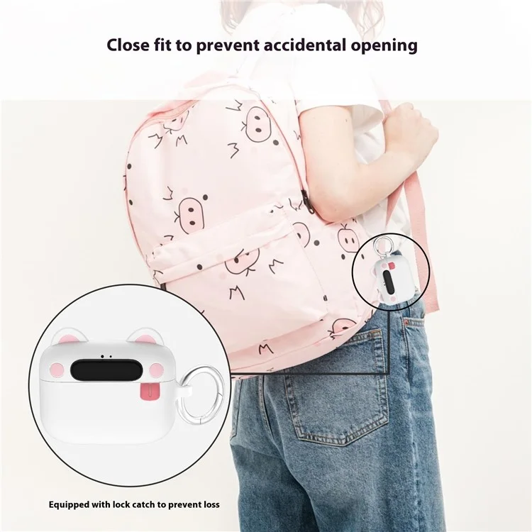 For Apple AirPods Pro 2 / AirPods Pro Bluetooth-compatible Earphones Cartoon Animal Liquid Silicone Case with Hanging Buckle - White