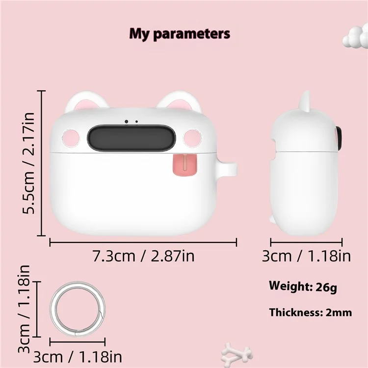 For Apple AirPods Pro 2 / AirPods Pro Bluetooth-compatible Earphones Cartoon Animal Liquid Silicone Case with Hanging Buckle - White