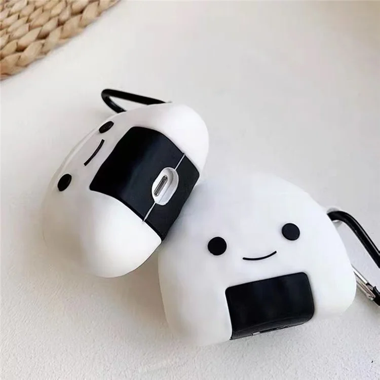 For Apple AirPods with Wireless Charging Case (2019) / AirPods with Charging Case (2019) / (2016) Case Rice Ball Silicone Cover with Carabiner