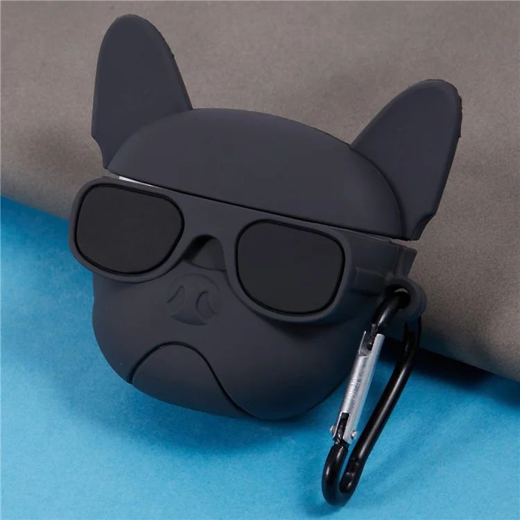 Para Apple AirPods Pro Bluetooth Earphones Funda Protectora de Silicona Bulldog con Mosquetón - Negro