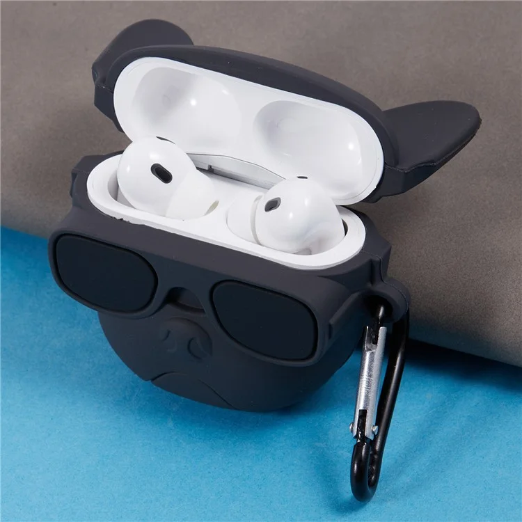 Para Apple AirPods Pro Bluetooth Earphones Funda Protectora de Silicona Bulldog con Mosquetón - Negro