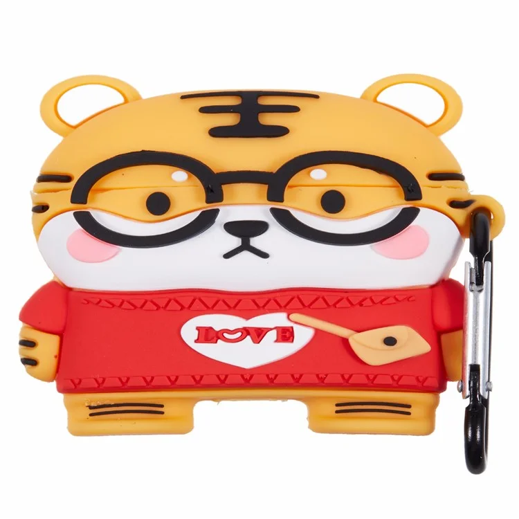 For Apple AirPods Pro Bluetooth-compatible Earphones Silicone Cover Cartoon Tiger Protective Case with Carabiner