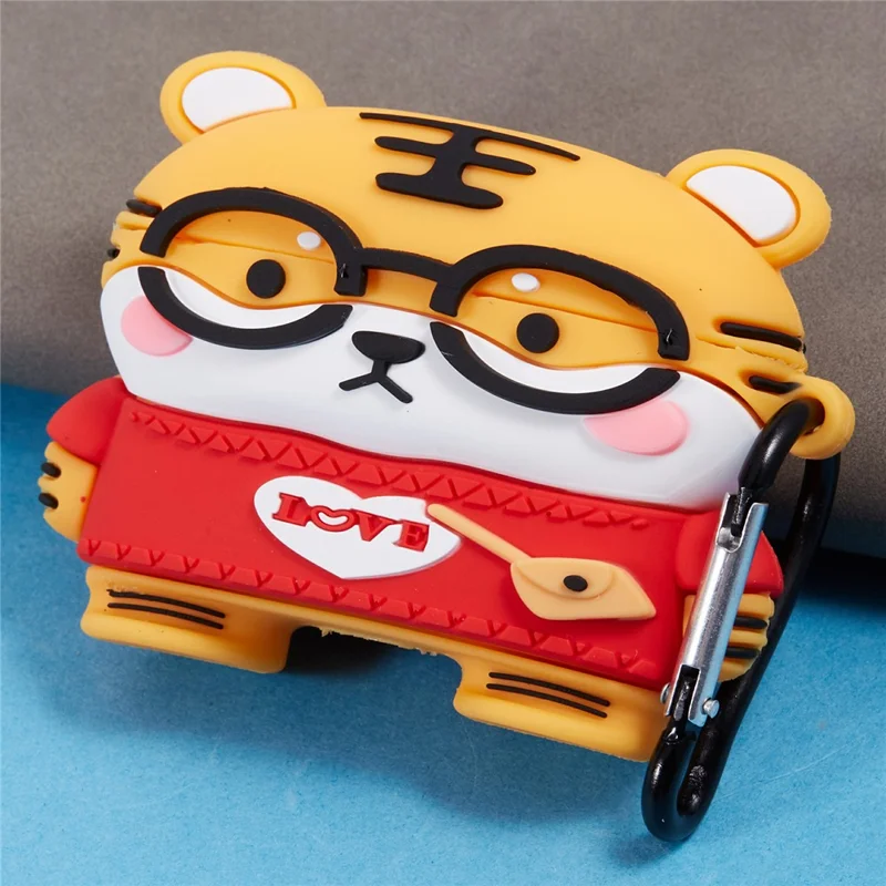 For Apple AirPods Pro Bluetooth-compatible Earphones Silicone Cover Cartoon Tiger Protective Case with Carabiner