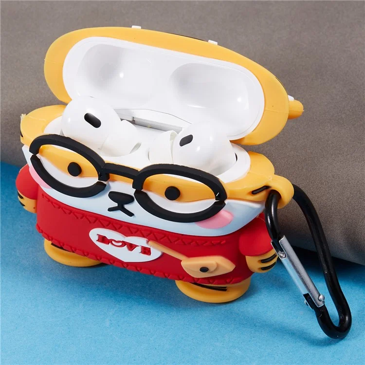 For Apple AirPods Pro Bluetooth-compatible Earphones Silicone Cover Cartoon Tiger Protective Case with Carabiner