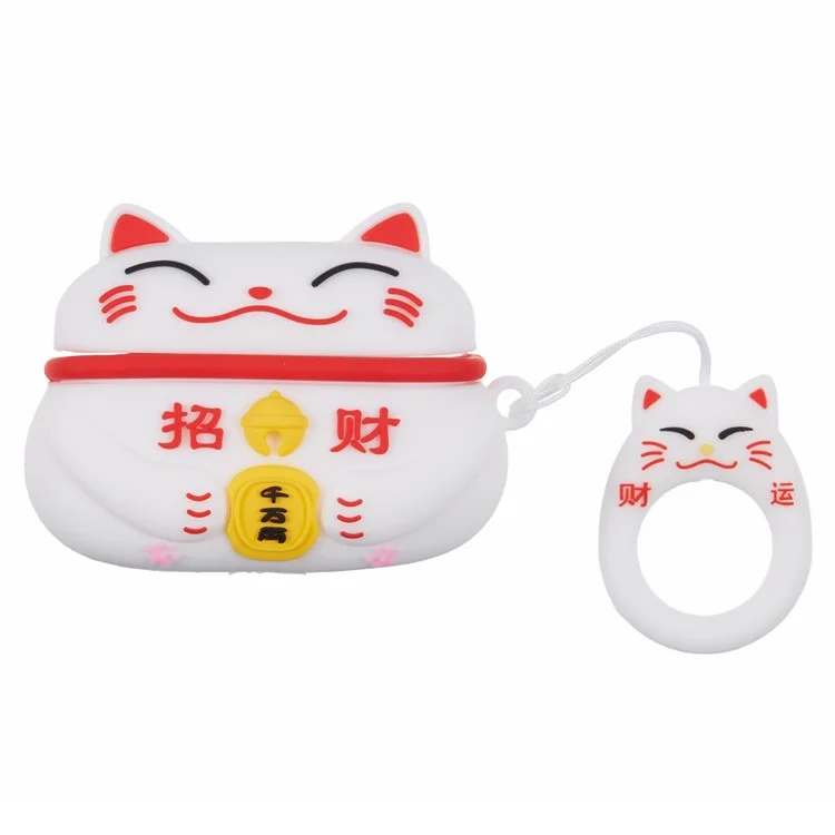 Silicone Cover for Apple AirPods Pro Bluetooth-compatible Earphones Lucky Cat Protective Case with Loop Strap - White
