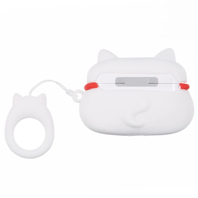 Silicone Cover for Apple AirPods Pro Bluetooth-compatible Earphones Lucky Cat Protective Case with Loop Strap - White