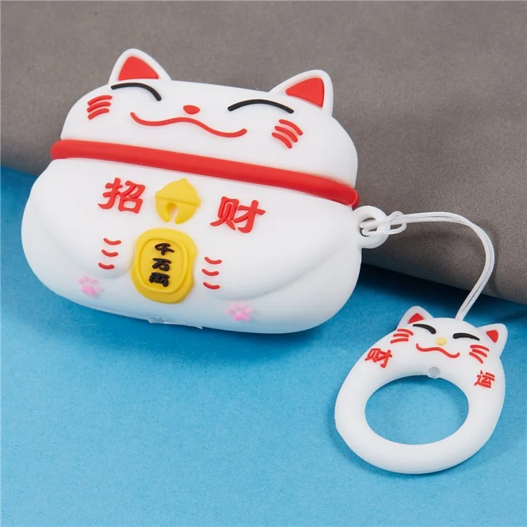 Silicone Cover for Apple AirPods Pro Bluetooth-compatible Earphones Lucky Cat Protective Case with Loop Strap - White