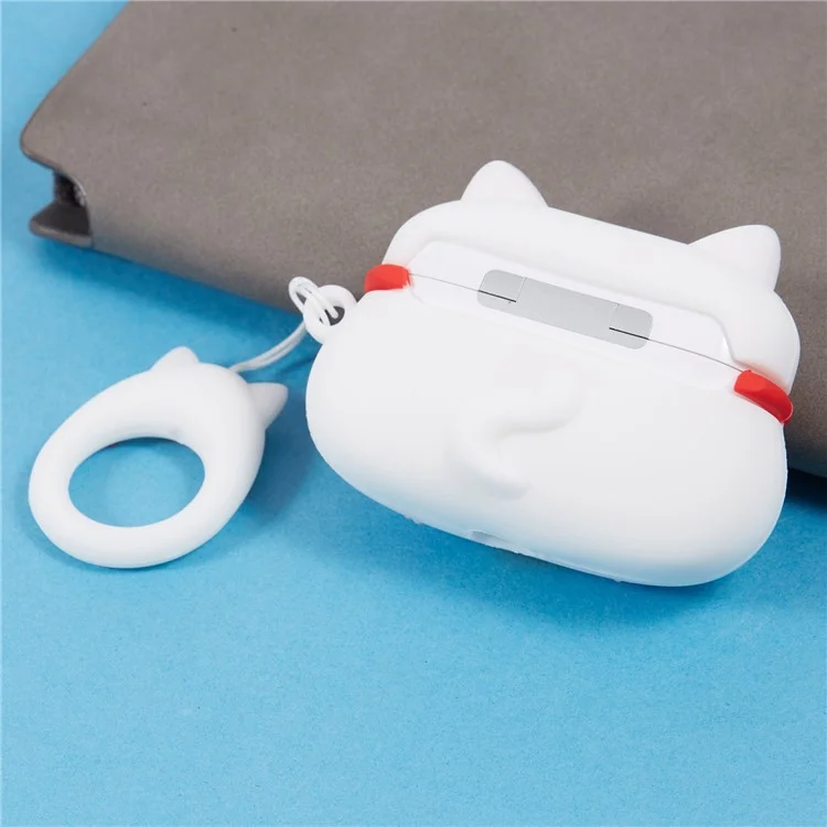 Silicone Cover for Apple AirPods Pro Bluetooth-compatible Earphones Lucky Cat Protective Case with Loop Strap - White